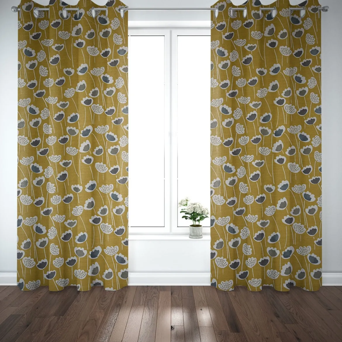 SCHÖNER LEBEN. Vorhang Clara Saffron Blumen senfgelb ocker blau grau 245cm oder Wunschlänge