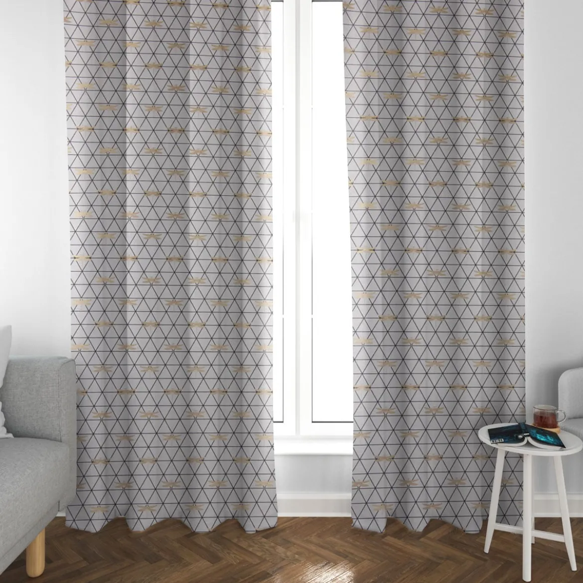 SCHÖNER LEBEN. Vorhang Dreiecke weiß schwarz Libelle gold 245cm oder Wunschlänge