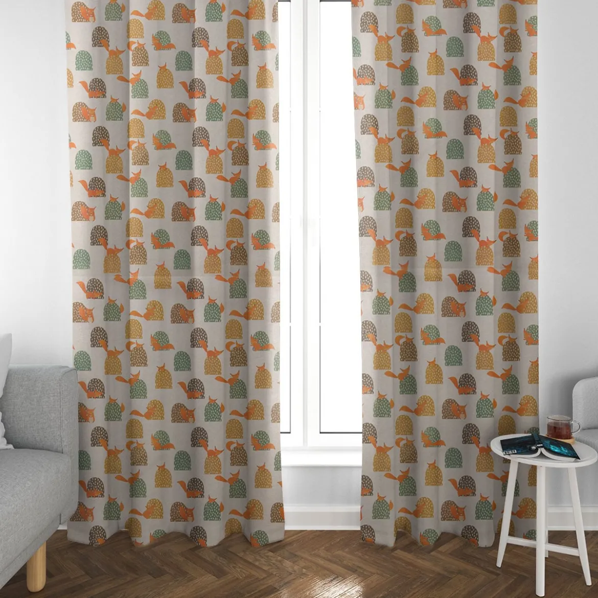 SCHÖNER LEBEN. Vorhang Eichhörnchen Hügel mint braun ocker orange 245cm oder Wunschlänge