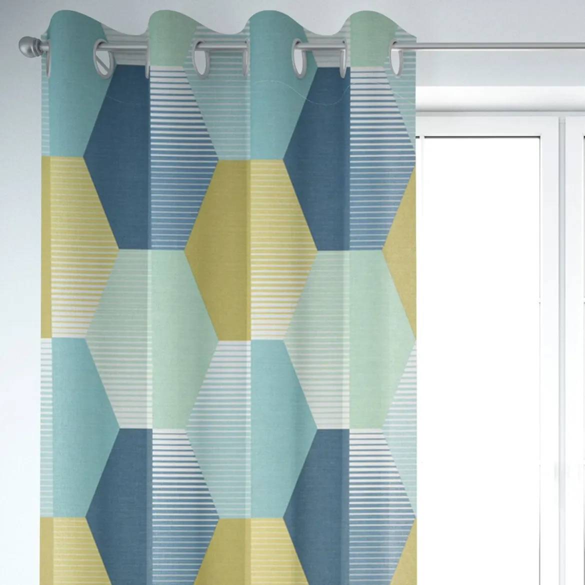 SCHÖNER LEBEN. Vorhang geometrisch Retro Sechseck blau grün weiß 245cm oder Wunschlänge