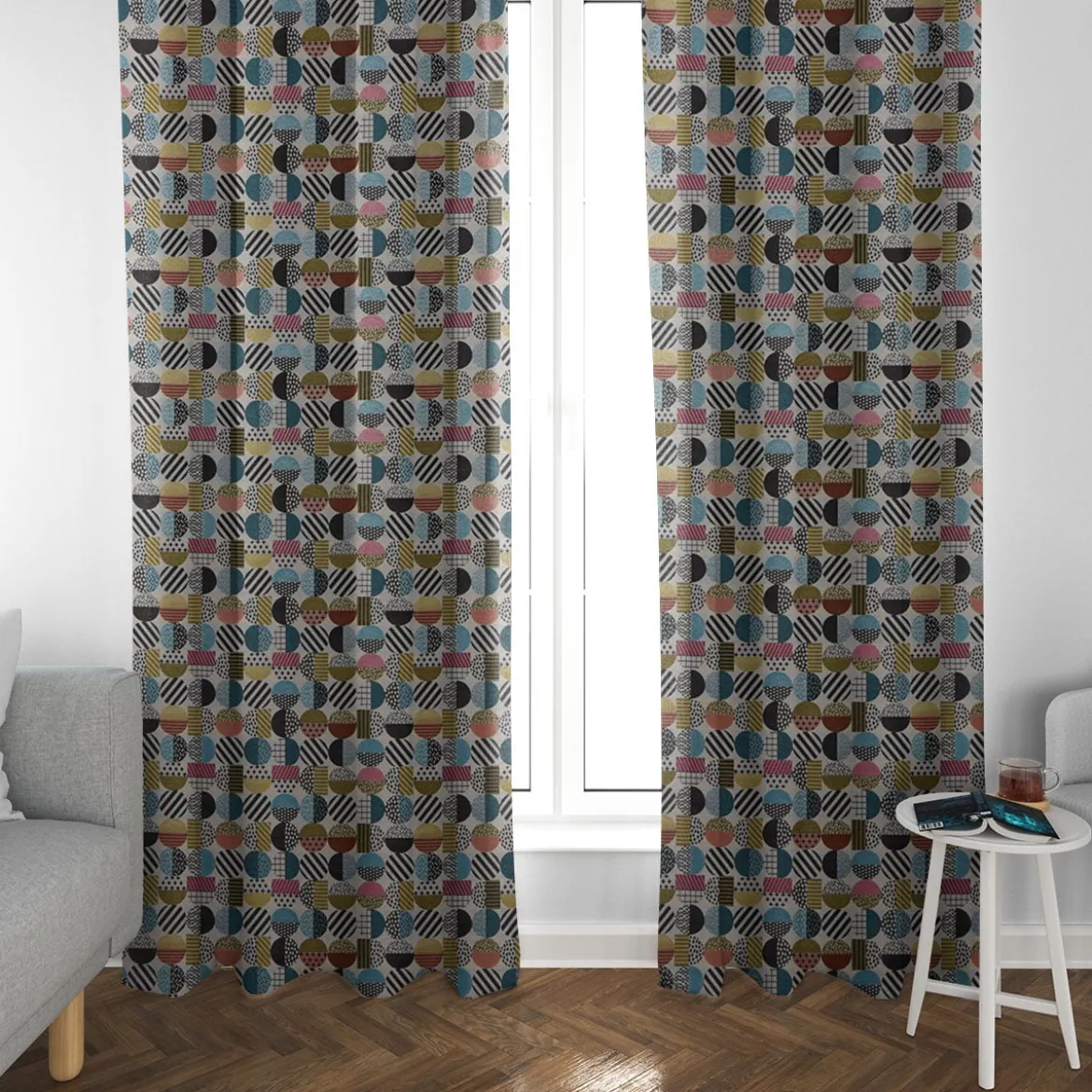 SCHÖNER LEBEN. Vorhang geometrisch Kreise weiß schwarz bunt 245cm oder Wunschlänge