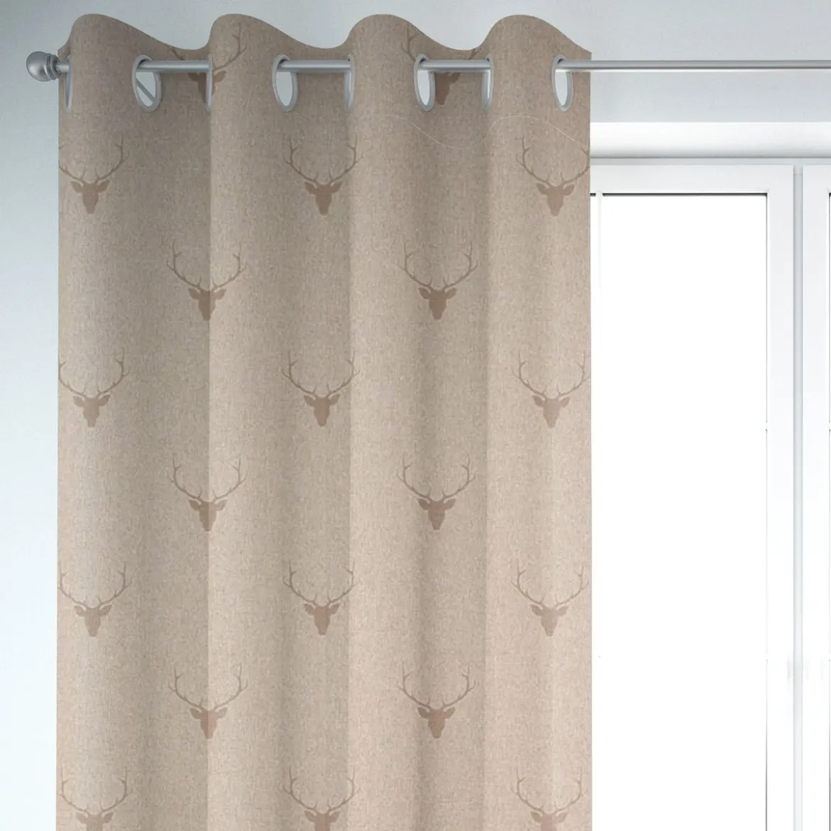SCHÖNER LEBEN. Vorhang Jacquard Hirschkopf mit Geweih beige hellbraun 245cm oder Wunschlänge