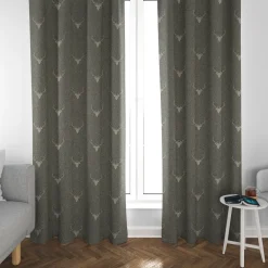 SCHÖNER LEBEN. Vorhang Jacquard Hirschkopf mit Geweih grün beige 245cm oder Wunschlänge