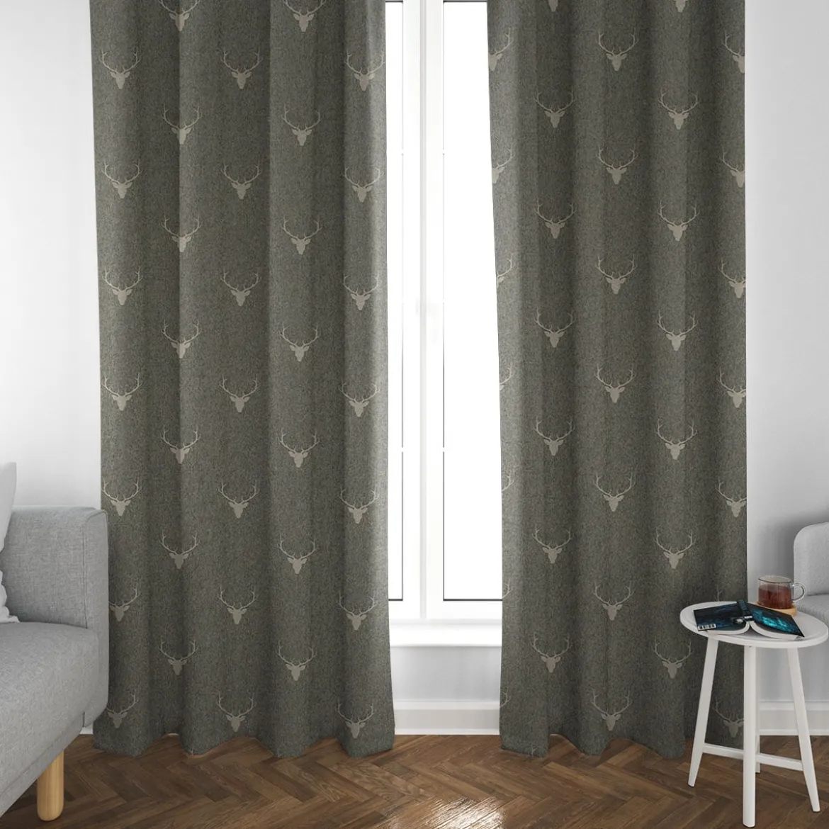 SCHÖNER LEBEN. Vorhang Jacquard Hirschkopf mit Geweih grün beige 245cm oder Wunschlänge