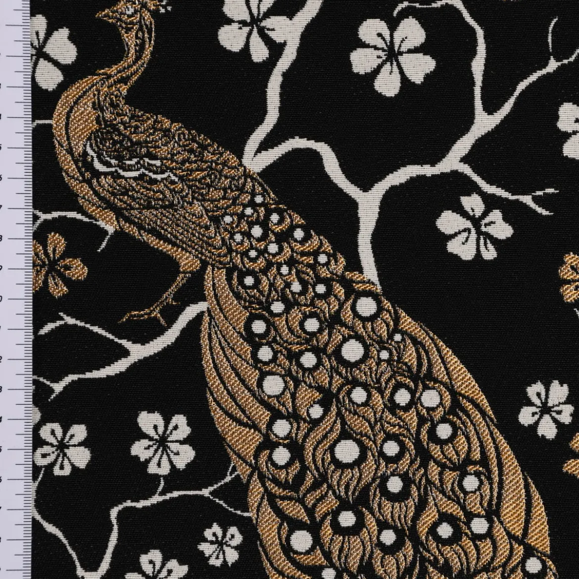 SCHÖNER LEBEN. Vorhang Jacquard Metallic Peacock Blossom Luxury Pfau Blüten schwarz gold ecru 245cm oder Wunschlänge