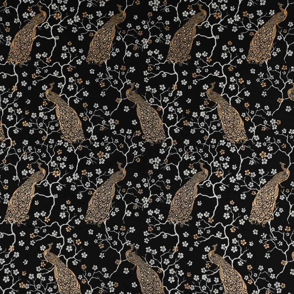 SCHÖNER LEBEN. Vorhang Jacquard Metallic Peacock Blossom Luxury Pfau Blüten schwarz gold ecru 245cm oder Wunschlänge