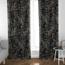SCHÖNER LEBEN. Vorhang Jacquard Metallic Peacock Blossom Luxury Pfau Blüten schwarz gold ecru 245cm oder Wunschlänge
