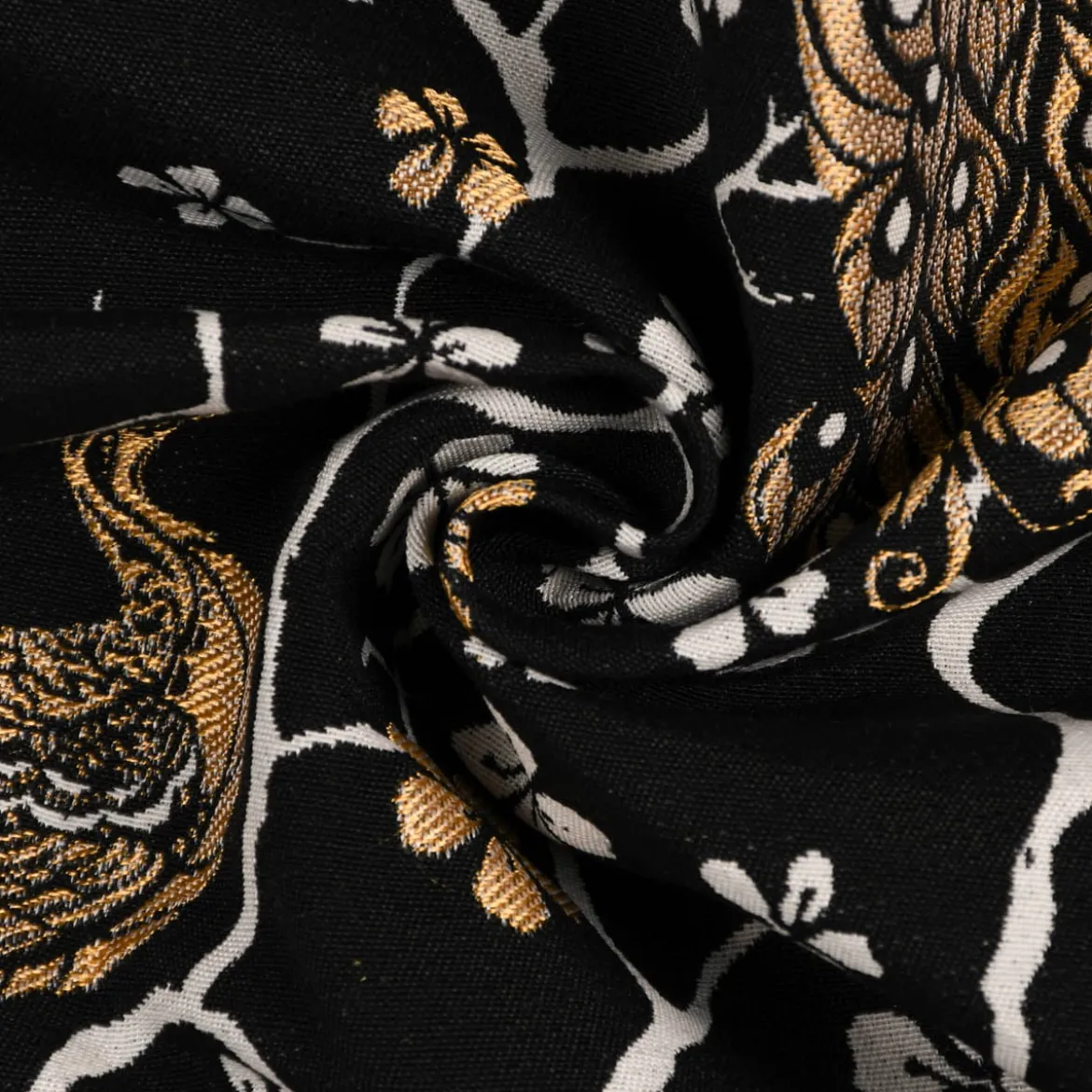 SCHÖNER LEBEN. Vorhang Jacquard Metallic Peacock Blossom Luxury Pfau Blüten schwarz gold ecru 245cm oder Wunschlänge