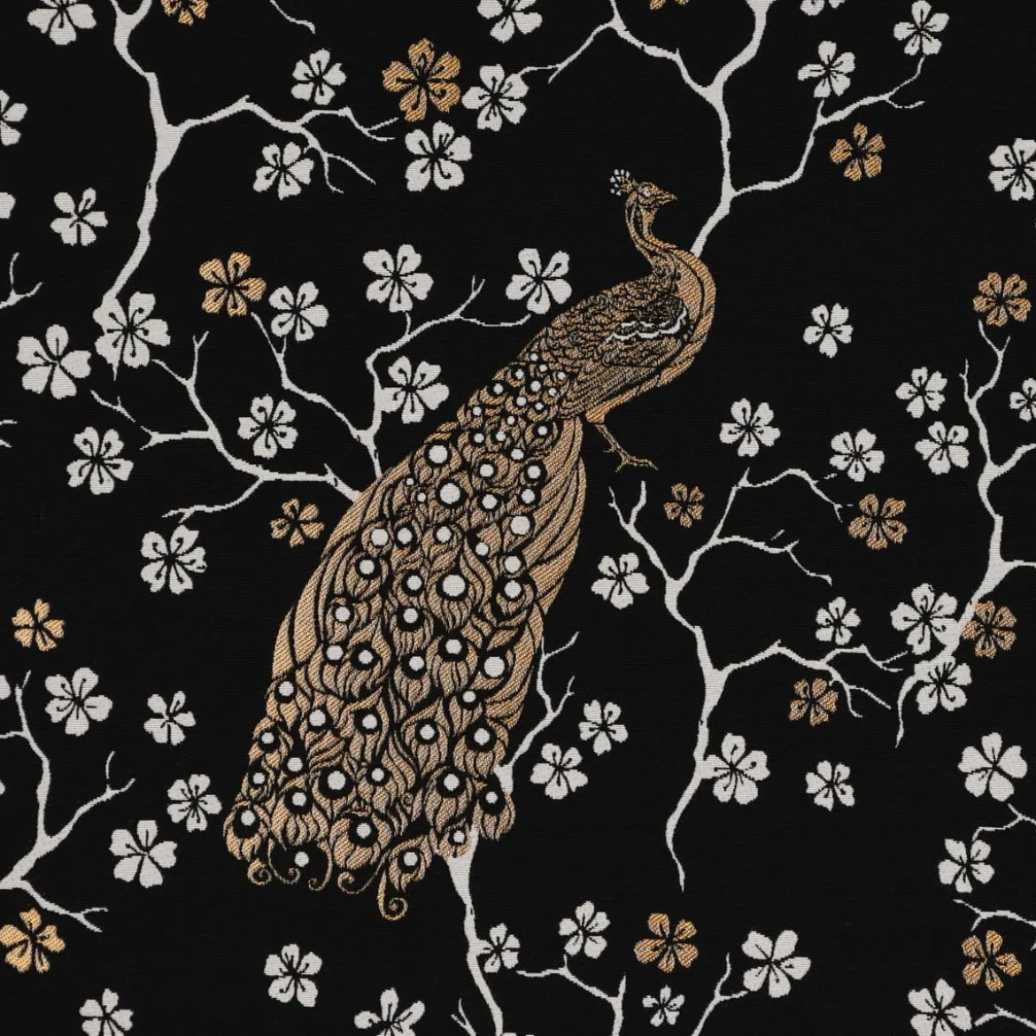 SCHÖNER LEBEN. Vorhang Jacquard Metallic Peacock Blossom Luxury Pfau Blüten schwarz gold ecru 245cm oder Wunschlänge