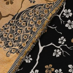 SCHÖNER LEBEN. Vorhang Jacquard Metallic Peacock Blossom Luxury Pfau Blüten schwarz gold ecru 245cm oder Wunschlänge
