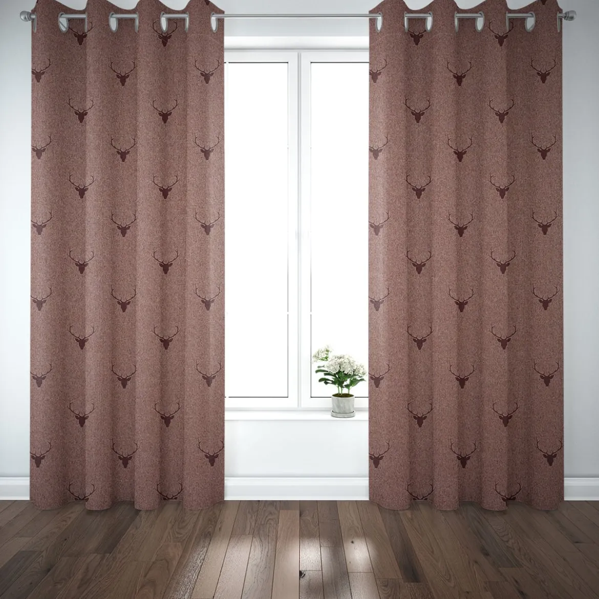 SCHÖNER LEBEN. Vorhang Jacquard Hirschkopf mit Geweih rotbraun dunkelrot 245cm oder Wunschlänge