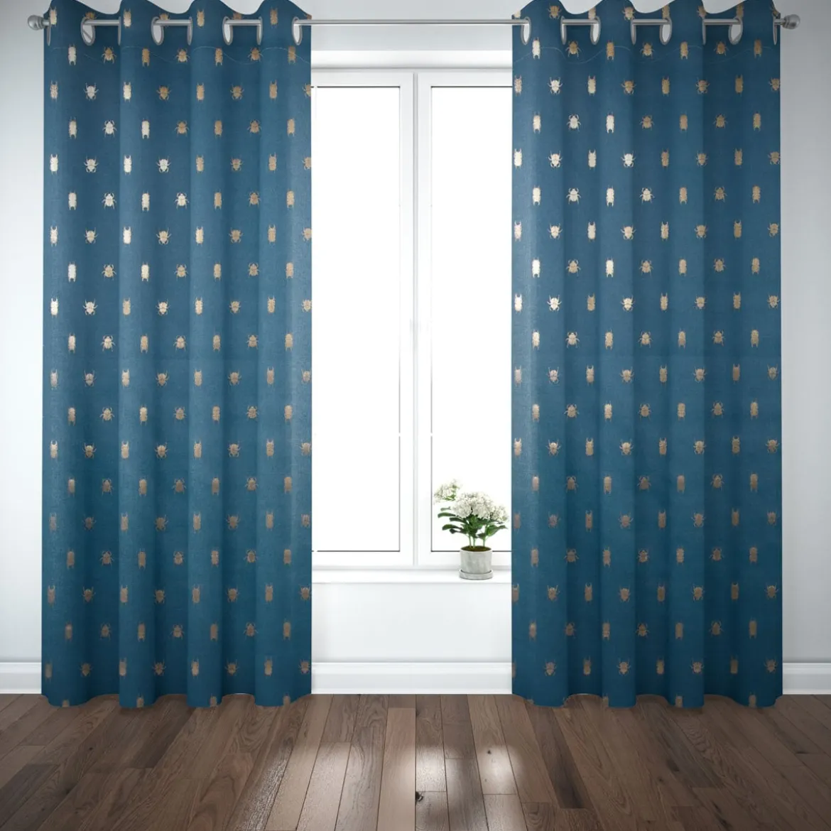SCHÖNER LEBEN. Vorhang Käfer blau gold metallic 245cm oder Wunschlänge
