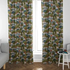 SCHÖNER LEBEN. Vorhang Leinenlook Wald Berge Wintertiere Fuchs Eule Waschbär natur grün blau 245cm oder Wunschlänge