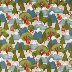 SCHÖNER LEBEN. Vorhang Leinenlook Wald Berge Wintertiere Fuchs Eule Waschbär natur grün blau 245cm oder Wunschlänge