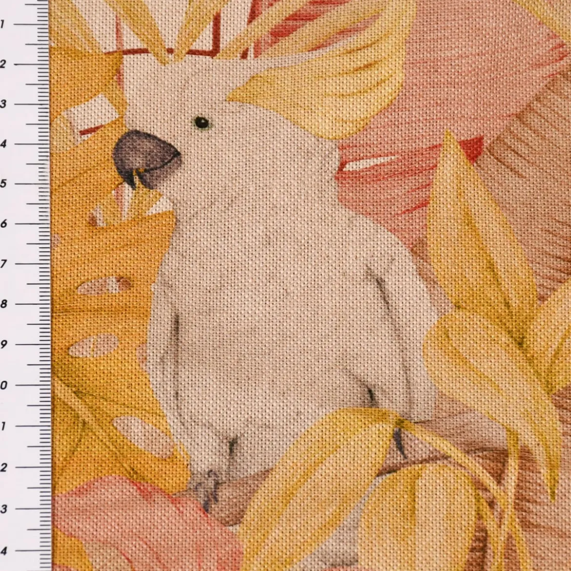 SCHÖNER LEBEN. Vorhang Leinenlook Royal Cockatoo Palmenblätter Kakadus natur gelb rosa 245cm oder Wunschlänge