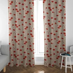 SCHÖNER LEBEN. Vorhang Leinenlook Poppy Field Mohnblumen natur rot 245cm oder Wunschlänge