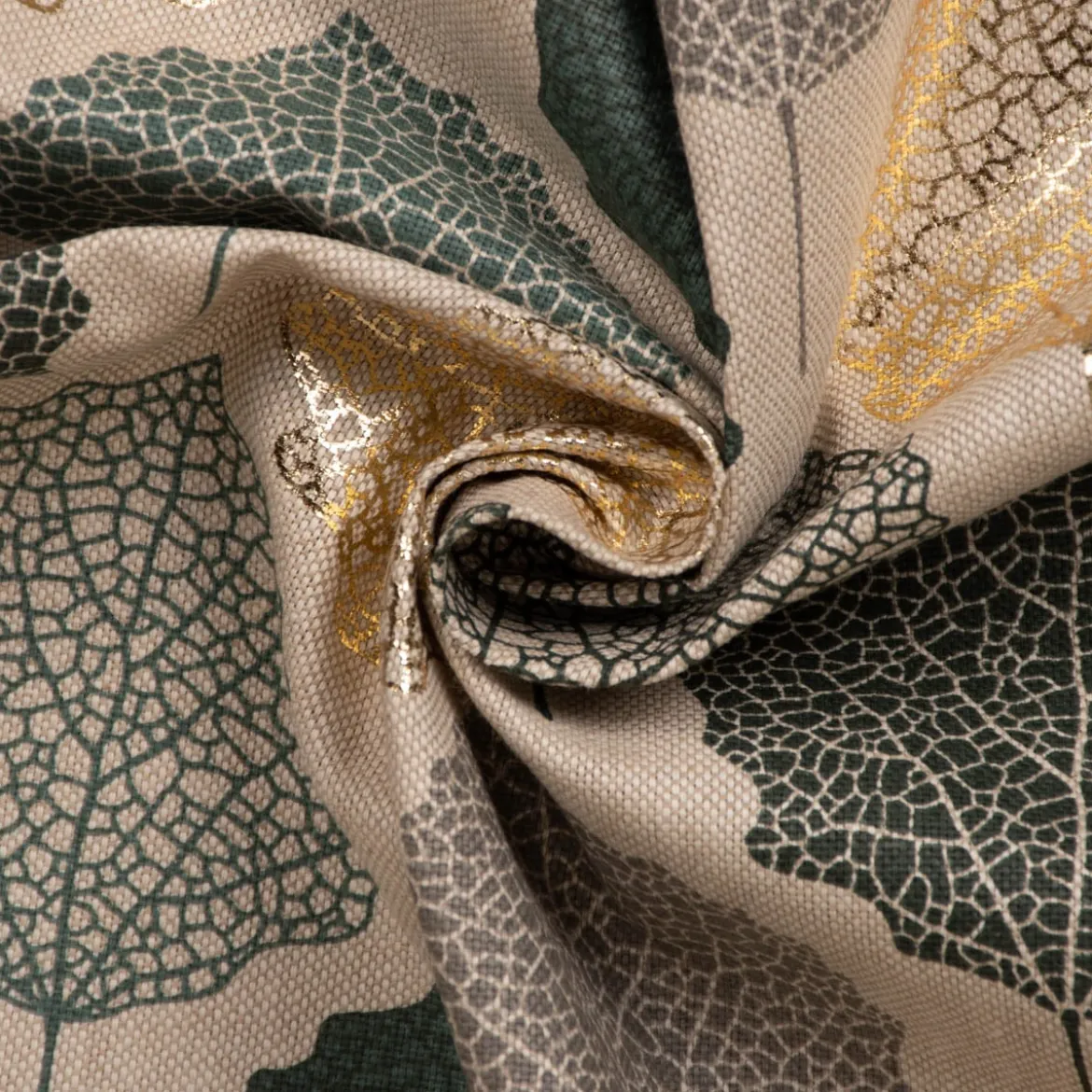 SCHÖNER LEBEN. Vorhang Leinenlook Blätter Blattskelett natur grün goldmetallic 245cm oder Wunschlänge