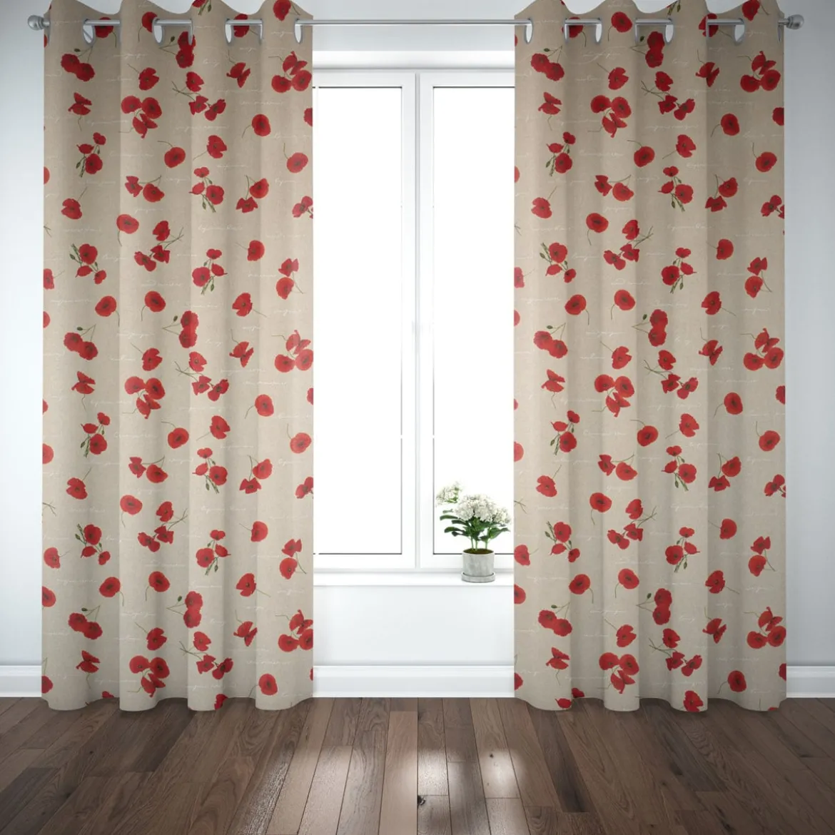 SCHÖNER LEBEN. Vorhang Leinenoptik Mohnblumen Schriftzug natur rot grün weiß 245cm oder Wunschlänge