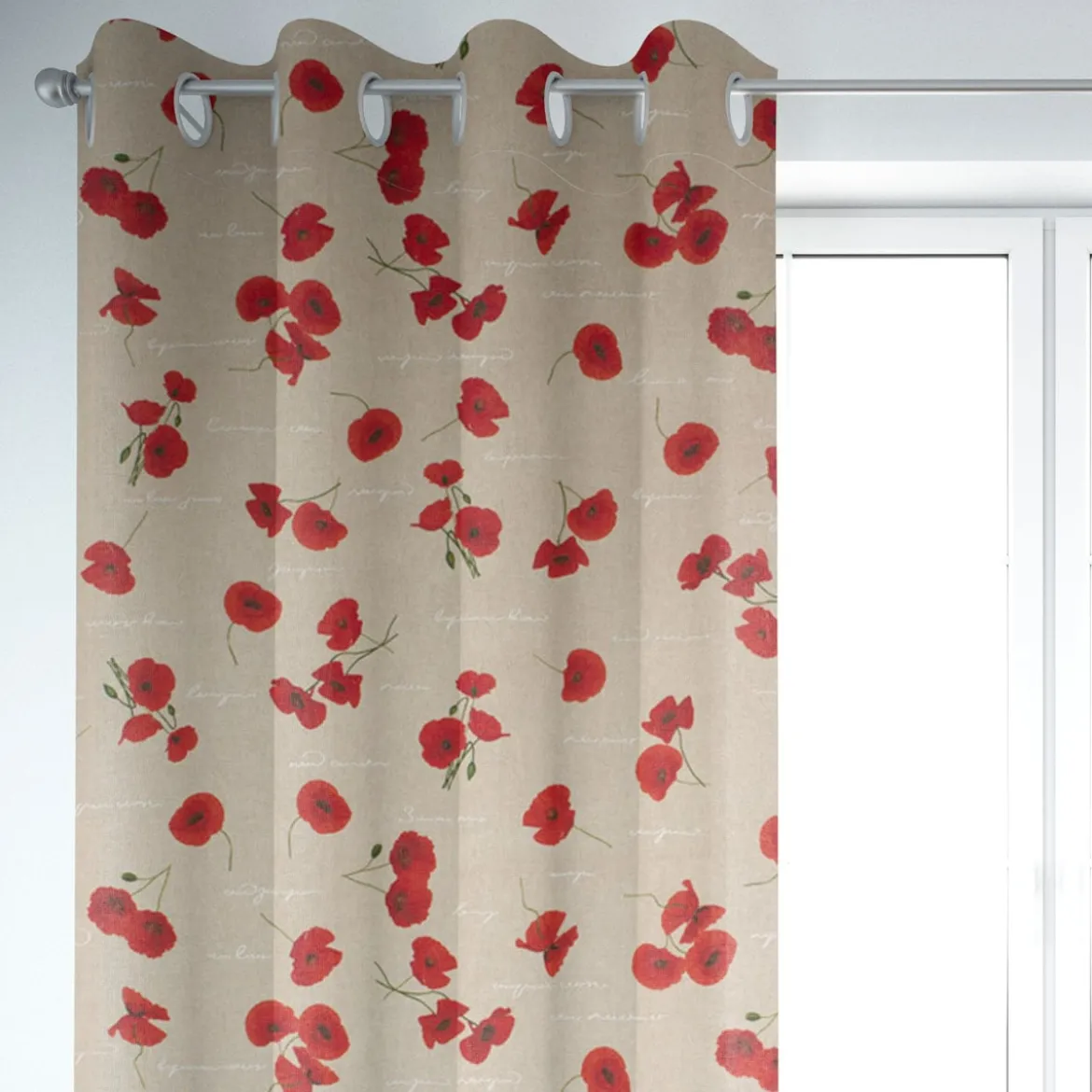 SCHÖNER LEBEN. Vorhang Leinenoptik Mohnblumen Schriftzug natur rot grün weiß 245cm oder Wunschlänge