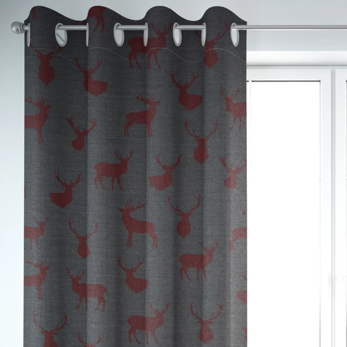 SCHÖNER LEBEN. Vorhang mit Hirschen grau rot 245cm oder Wunschlänge