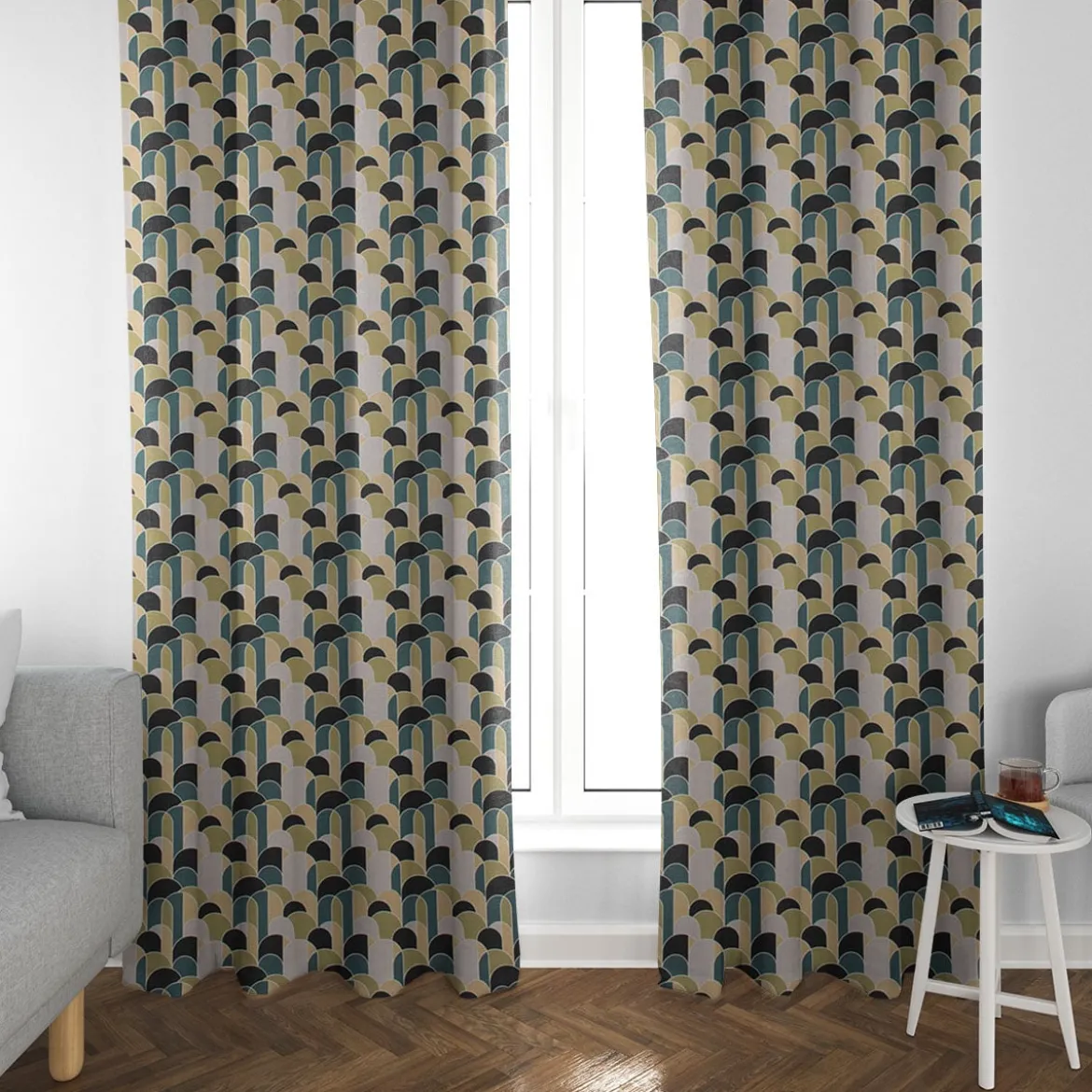 SCHÖNER LEBEN. Vorhang Retroformen Geometrie grün petrol schwarz 245cm oder Wunschlänge