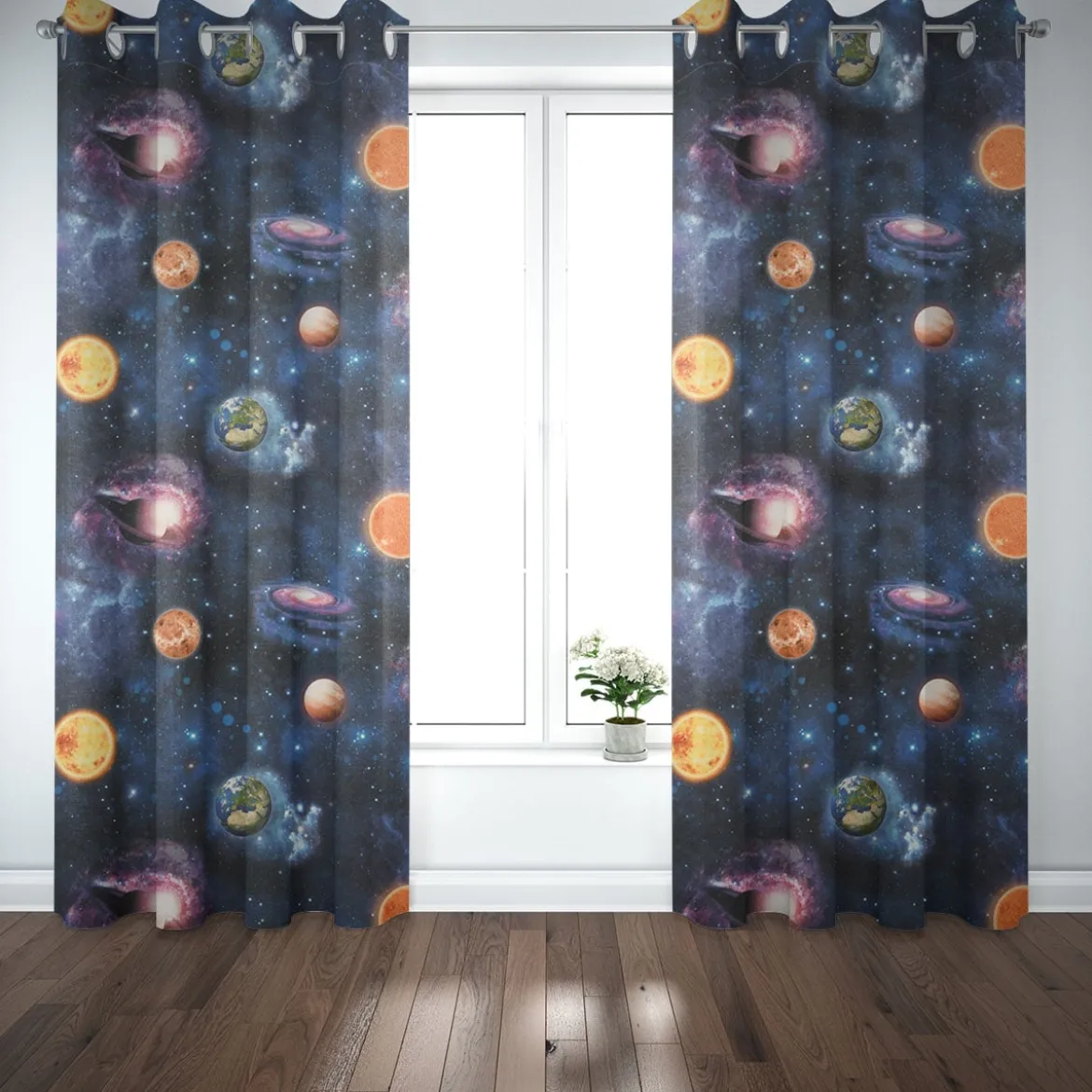 SCHÖNER LEBEN. Vorhang Samt Velvet Galaxy Future Planeten Weltall blau bunt 245cm oder Wunschlänge