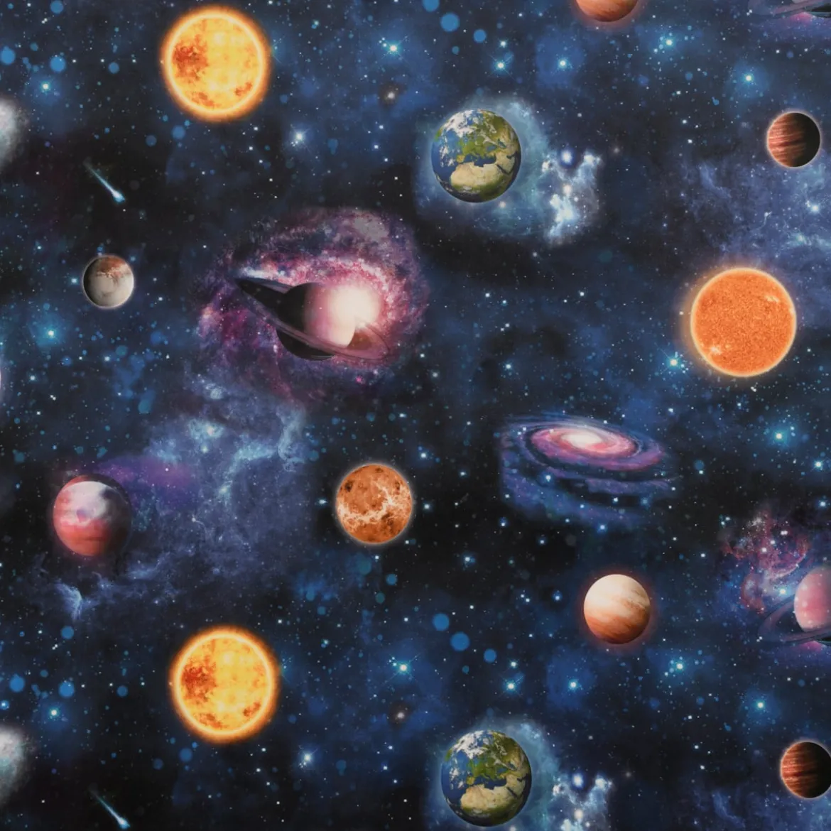 SCHÖNER LEBEN. Vorhang Samt Velvet Galaxy Future Planeten Weltall blau bunt 245cm oder Wunschlänge