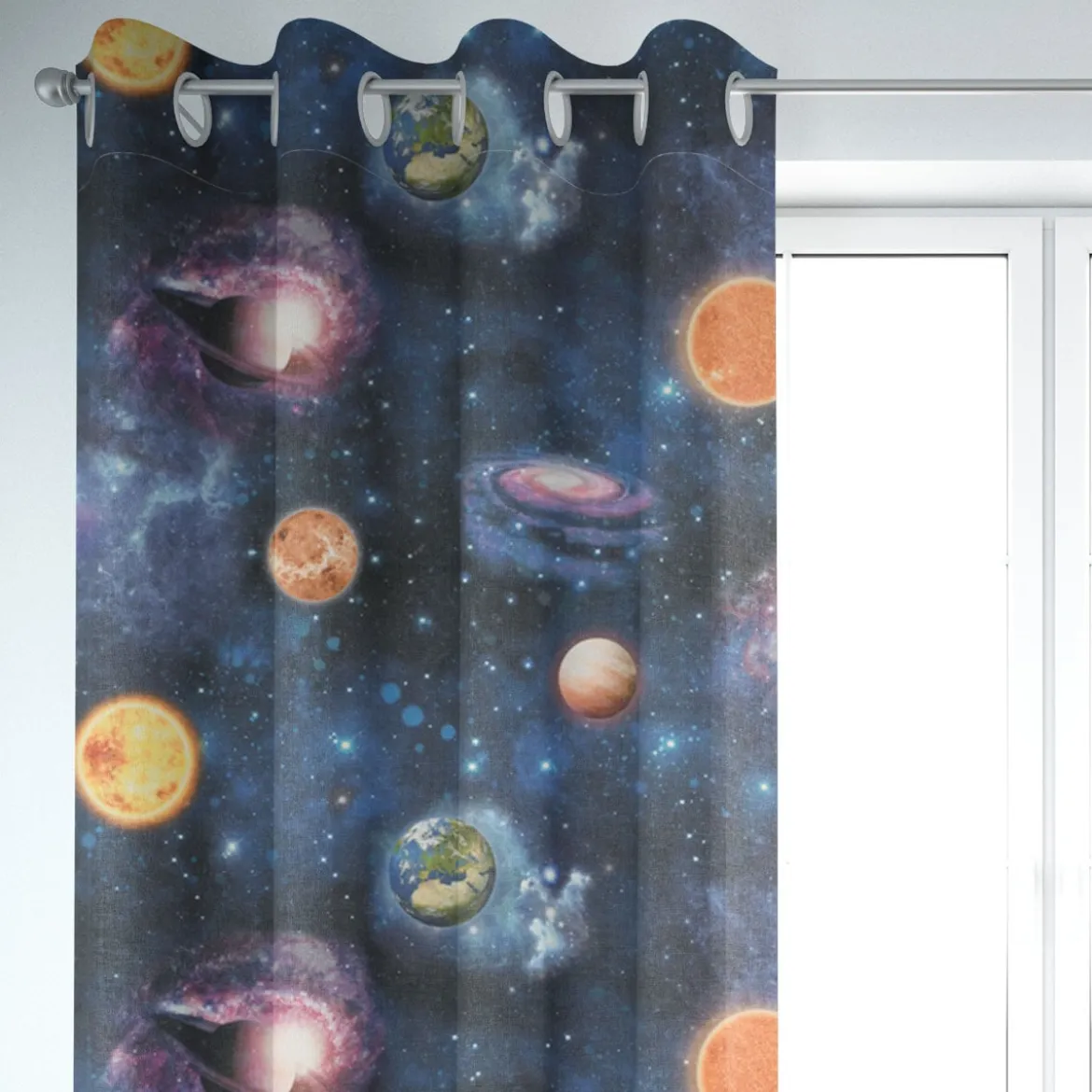 SCHÖNER LEBEN. Vorhang Samt Velvet Galaxy Future Planeten Weltall blau bunt 245cm oder Wunschlänge