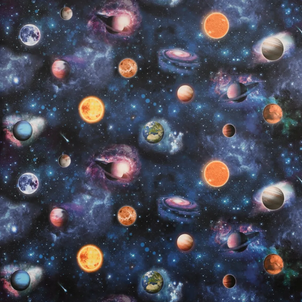 SCHÖNER LEBEN. Vorhang Samt Velvet Galaxy Future Planeten Weltall blau bunt 245cm oder Wunschlänge