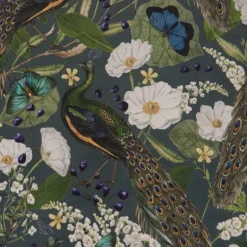 SCHÖNER LEBEN. Vorhang Velvet Deluxe Samt Pfau Blüten petrol 245cm oder Wunschlänge