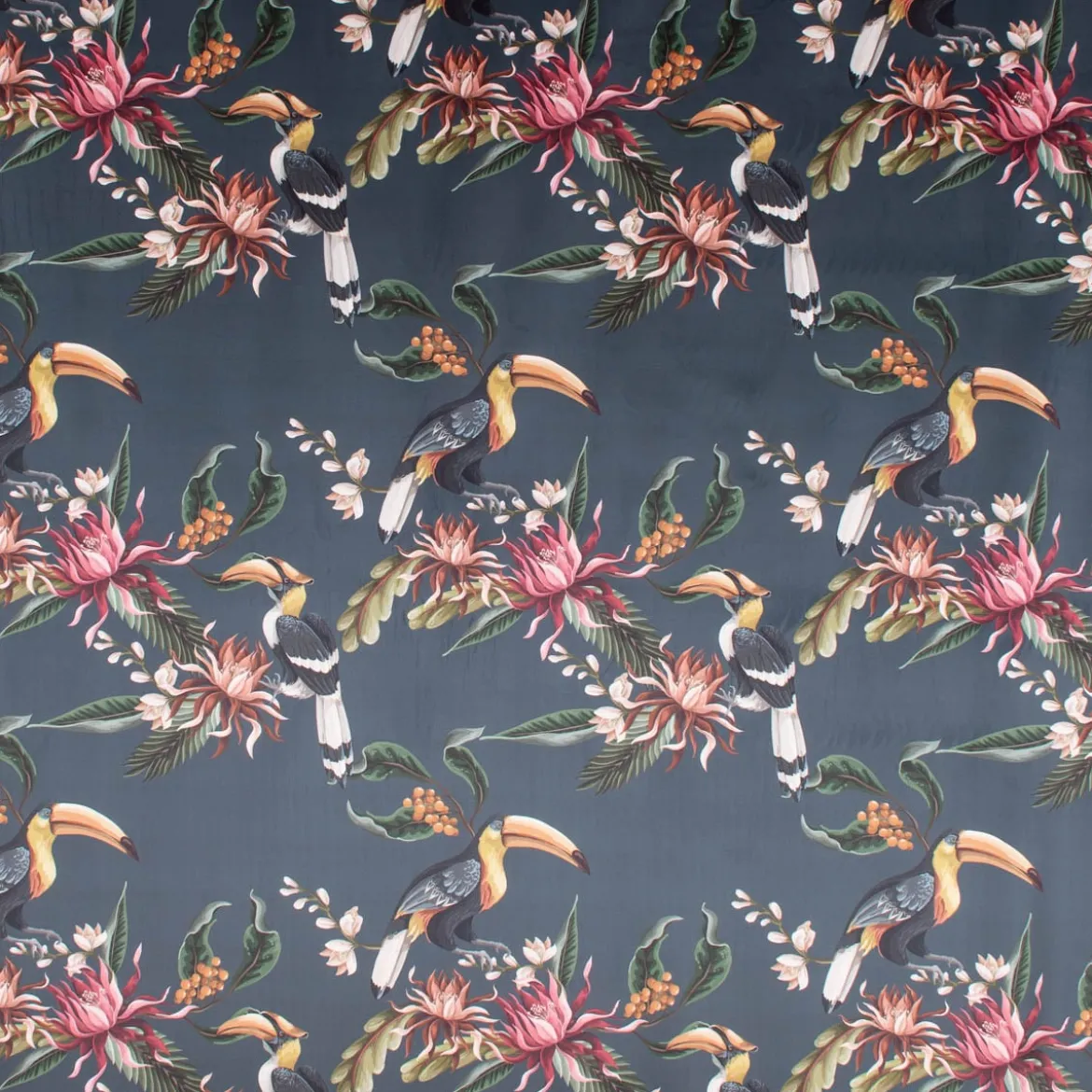 SCHÖNER LEBEN. Vorhang Velvet Digitaldruck Exotik Kakadu Blüten dunkelblau multicolor 245cm oder Wunschlänge