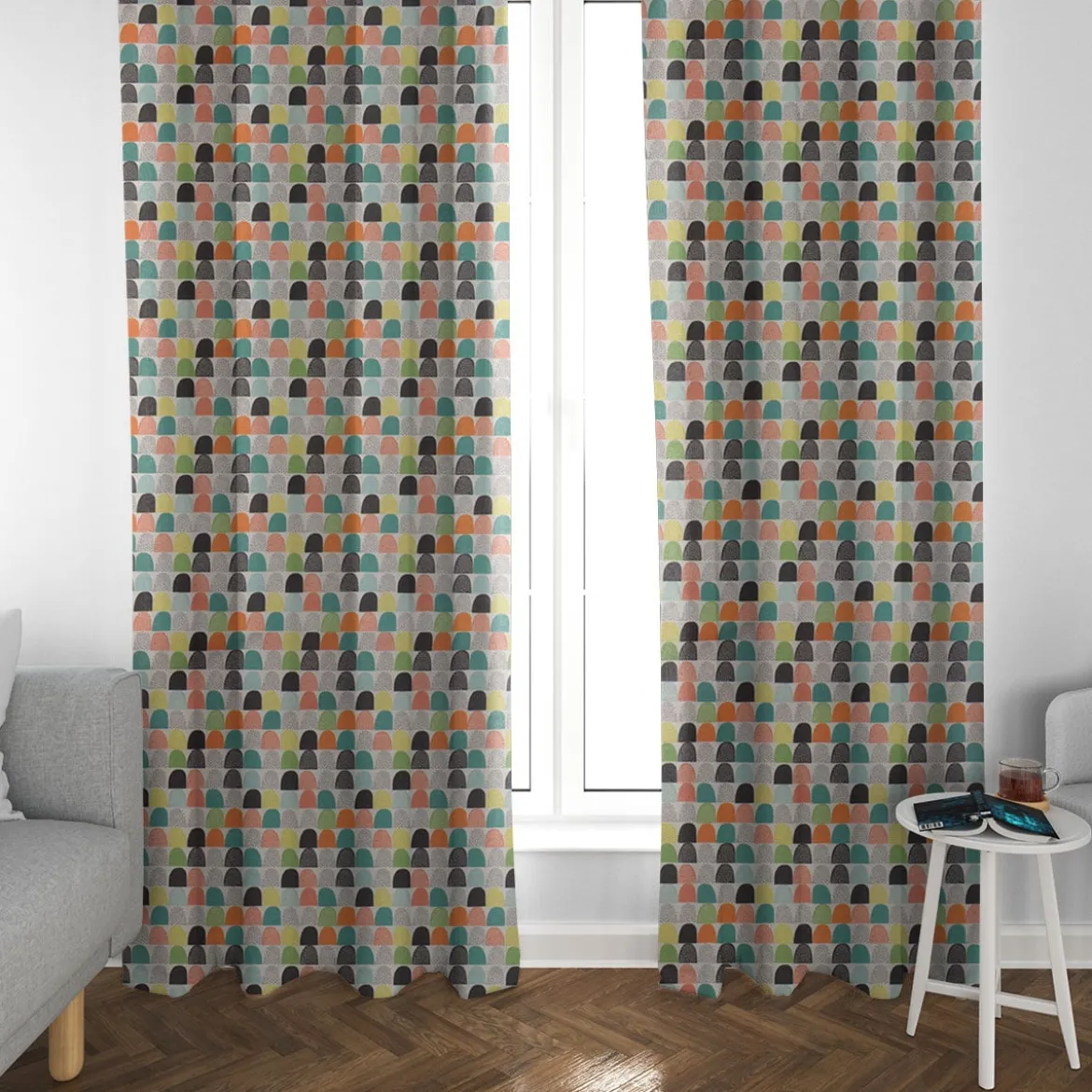 SCHÖNER LEBEN. Vorhang wollweiß mit abstrakten Hügeln bunt 245cm oder Wunschlänge