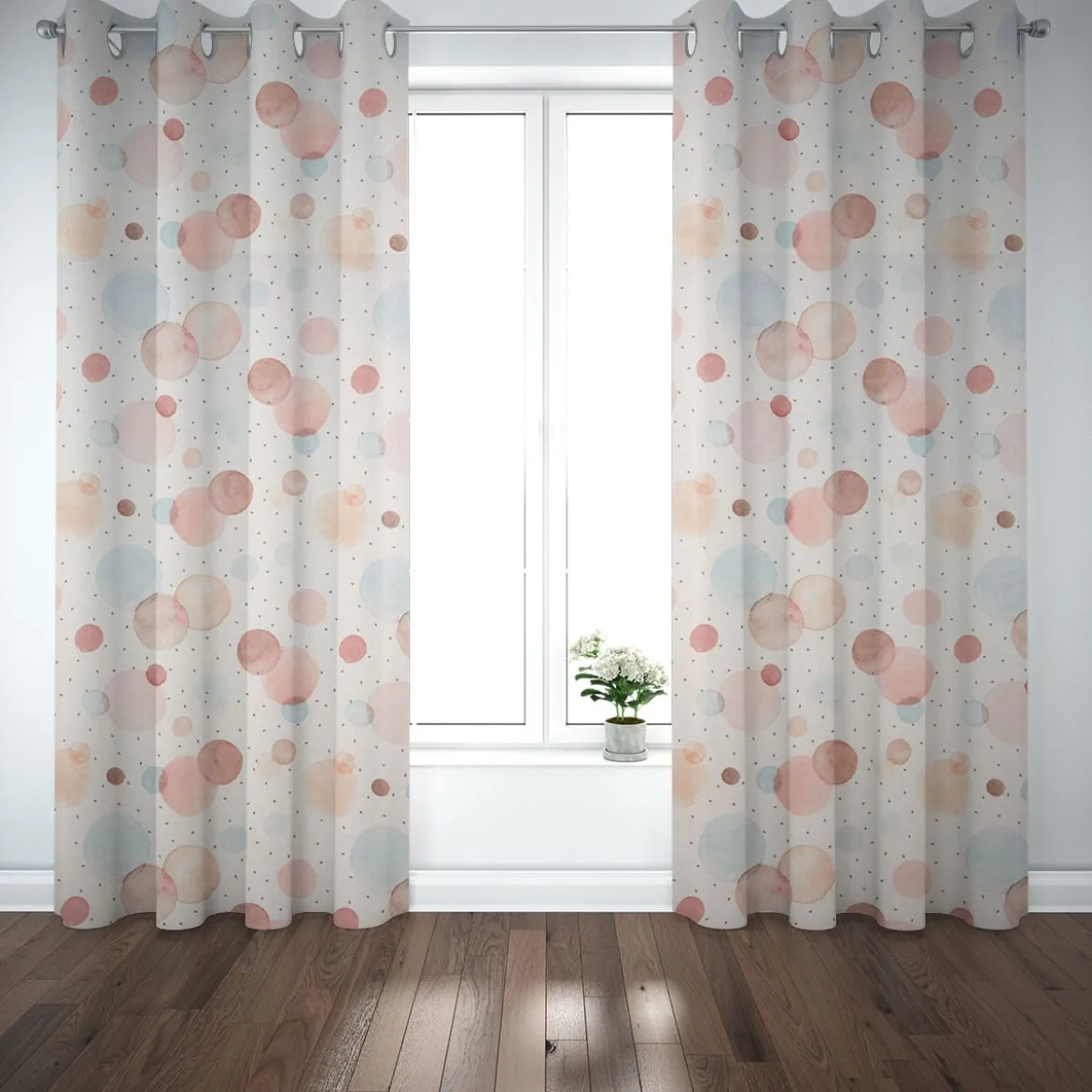 SCHÖNER LEBEN. Vorhang wollweiß mit Kreisen Aquarell-Tupfen pastell 245cm oder Wunschlänge
