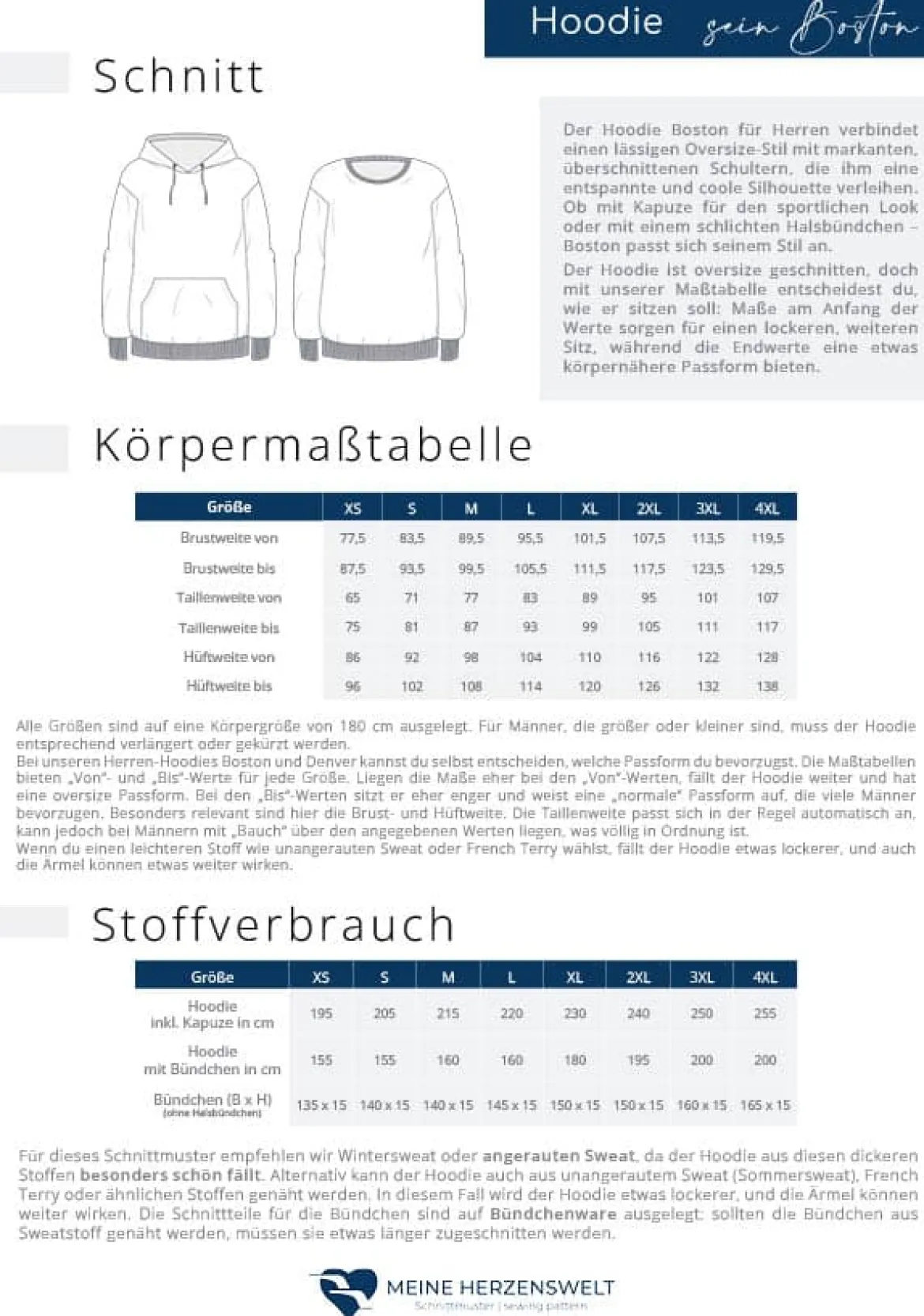 Schnittmuster Hoodie Herren Papierschnittmuster Boston Gr. XS-4XL von Meine Herzenswelt