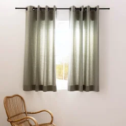 Ösengardine aus Dobbystoff schmale Streifen grün beige mit Ösen schwarz 130x245cm oder Wunschlänge von SCHÖNER LEBEN.