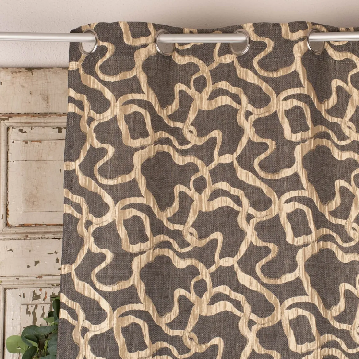 Ösengardine blickdicht verschlungene Linien grau gold 140x245cm