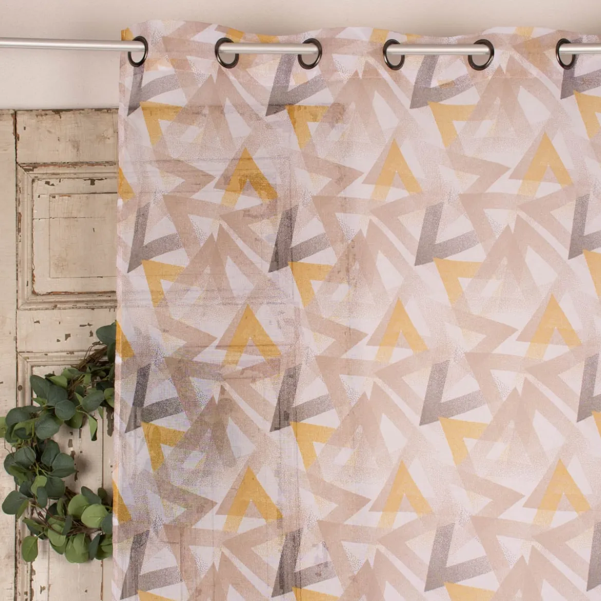 Ösengardine Geometrie Retro Dreiecke weiß braun senfgelb 135x260cm