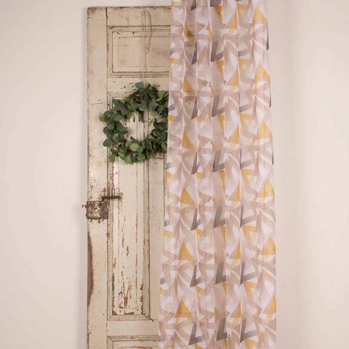 Ösengardine Geometrie Retro Dreiecke weiß braun senfgelb 135x260cm