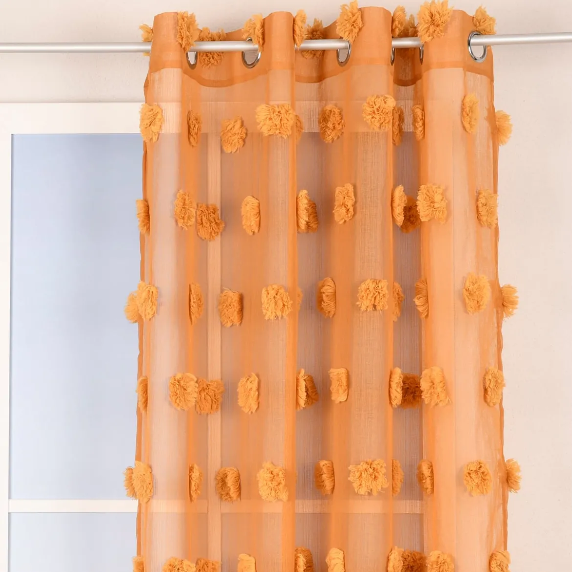 Ösengardine Leinenoptik mit Pompons uni senfgelb 140x260cm