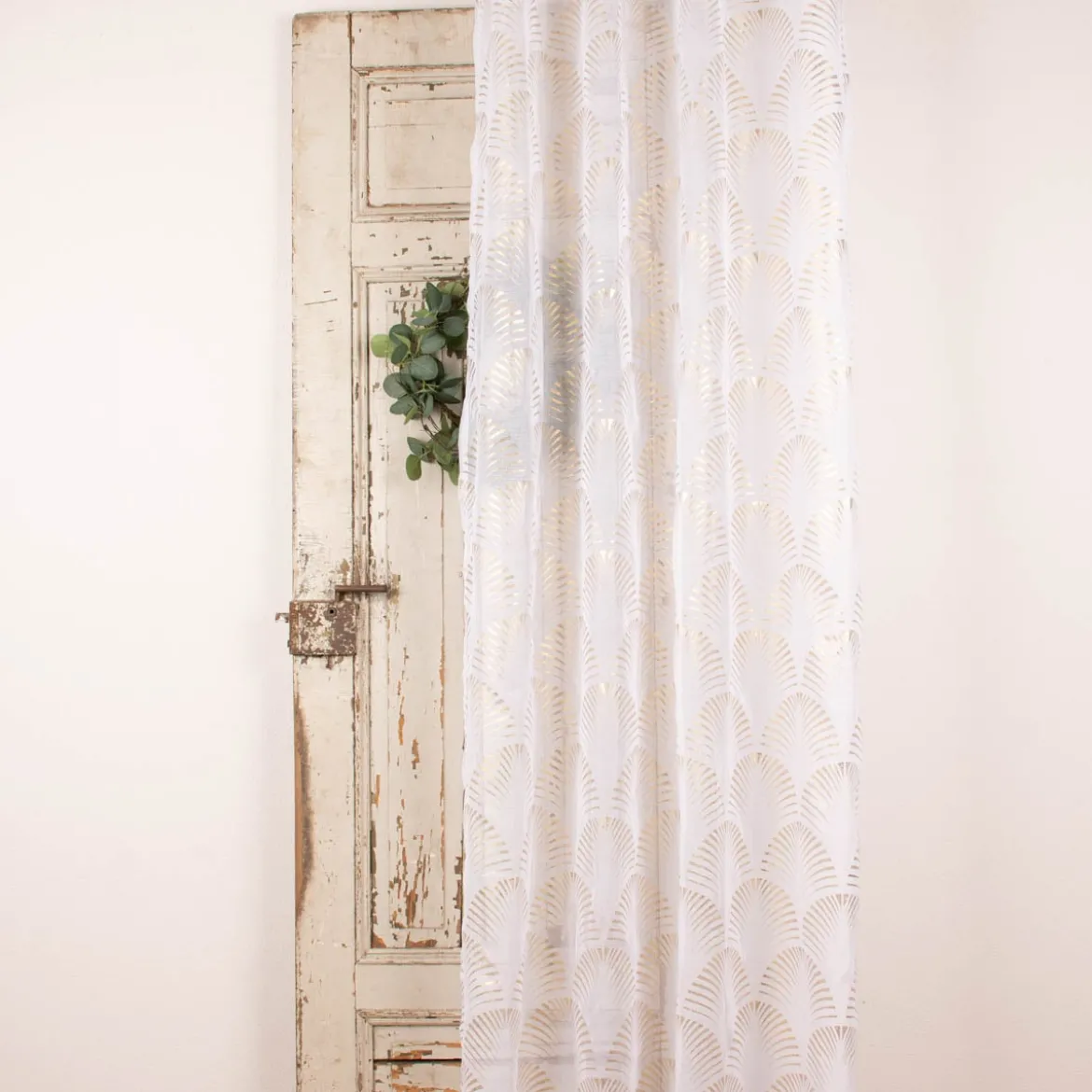 Ösengardine Reliefdruck Ornamente Bögen offweiß goldfarbig 140x260cm