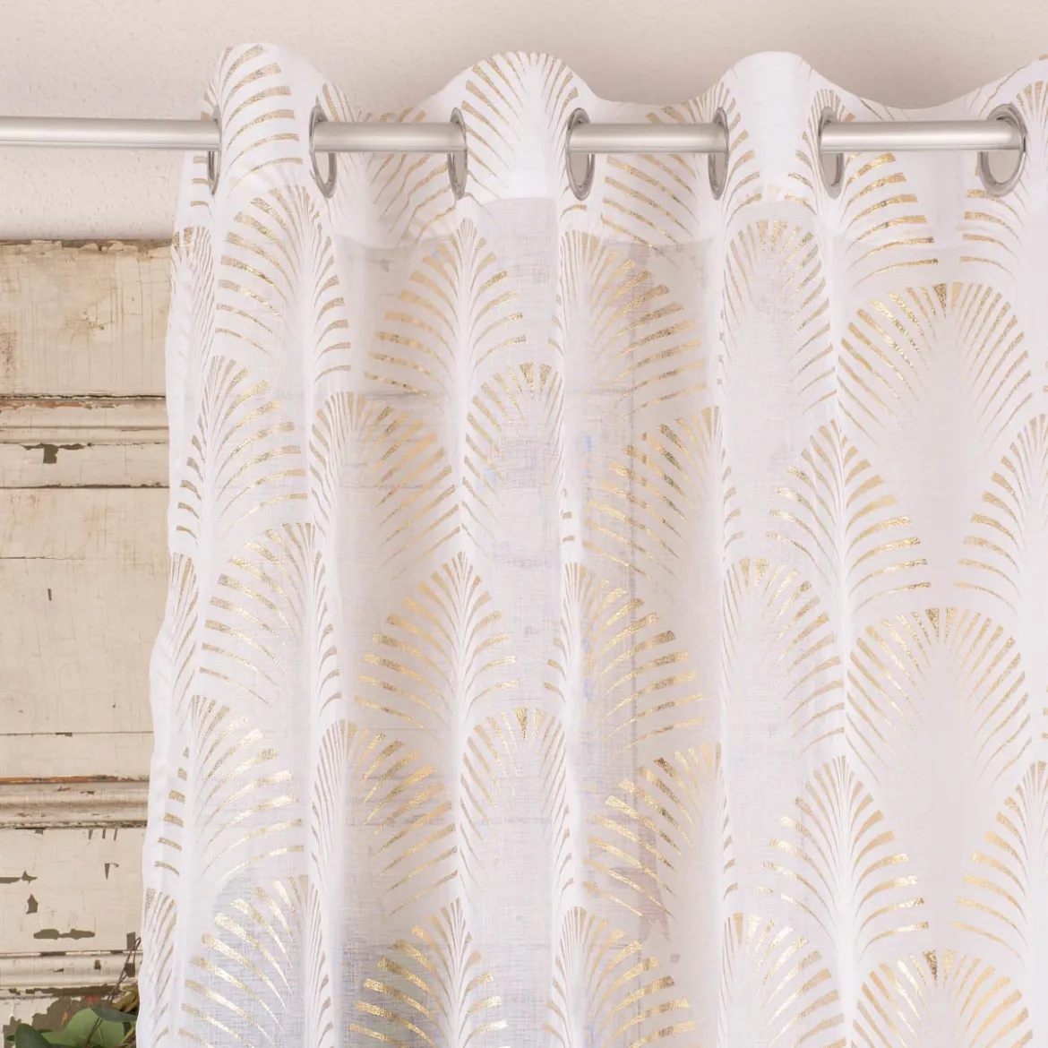 Ösengardine Reliefdruck Ornamente Bögen offweiß goldfarbig 140x260cm