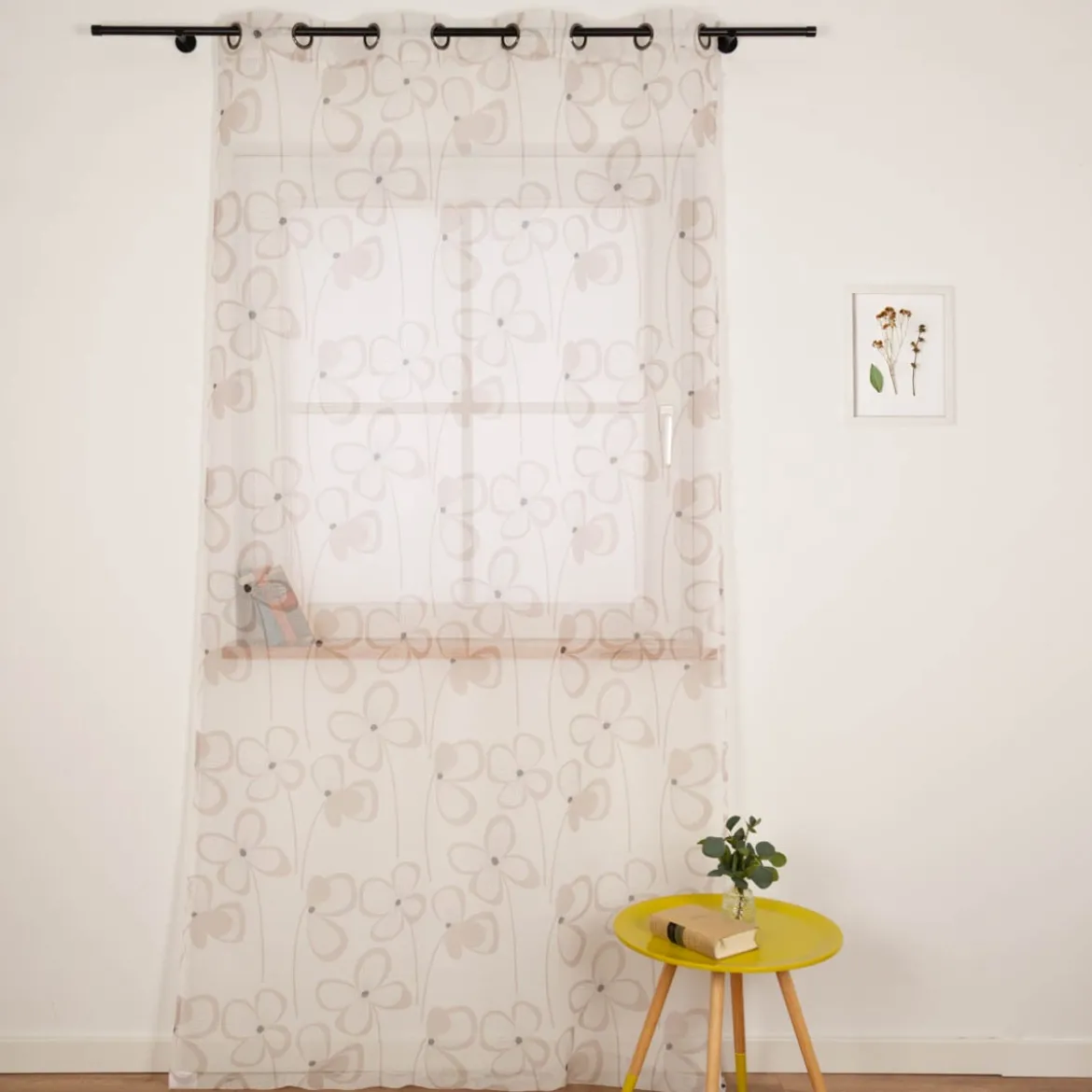 Ösenvorhang Blumen abstrakt Voile weiß beige 135x260cm