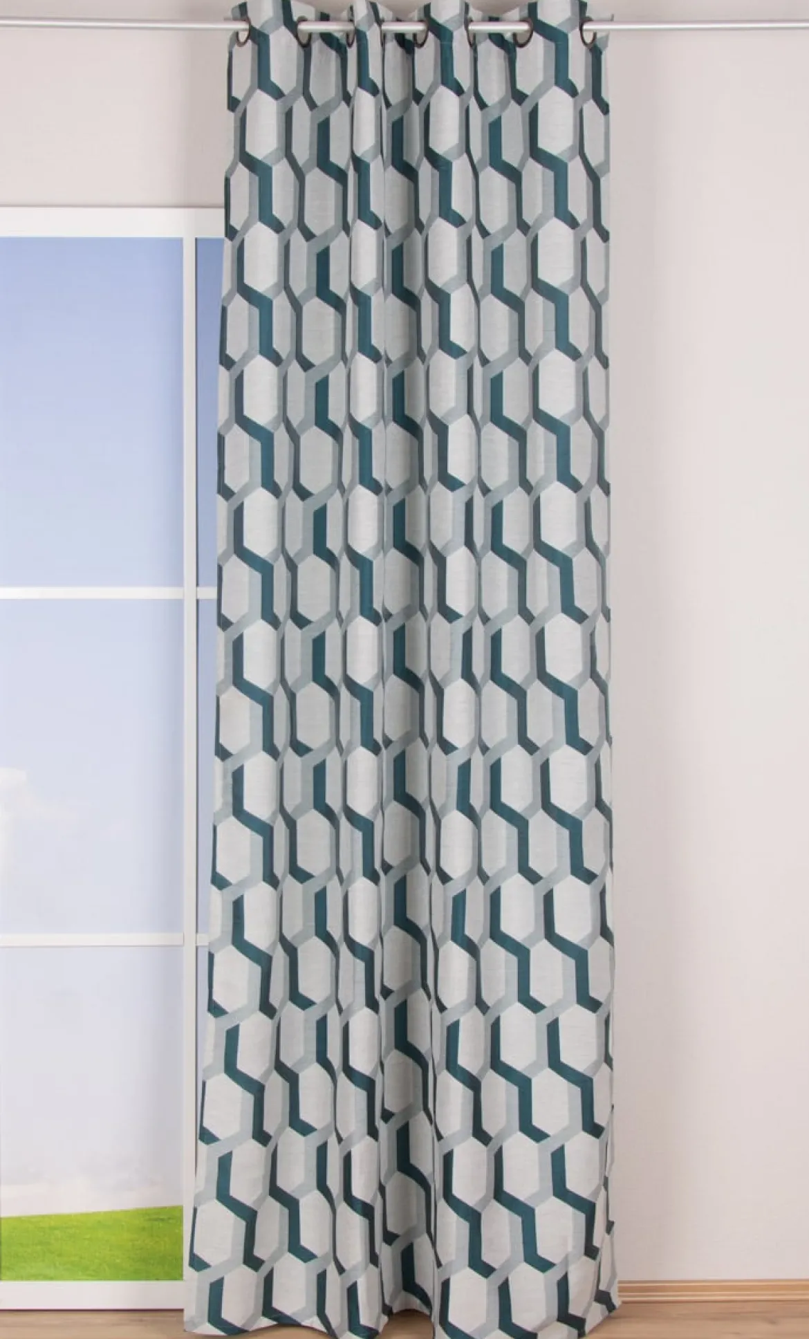 Ösenvorhang Jacquard grafisch weiß petrol 140x260cm