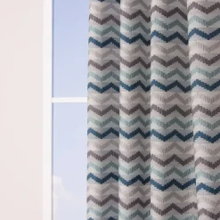 Ösenvorhang Jacquard Leinenoptik Chevronmuster weiß blau grau 135x250cm