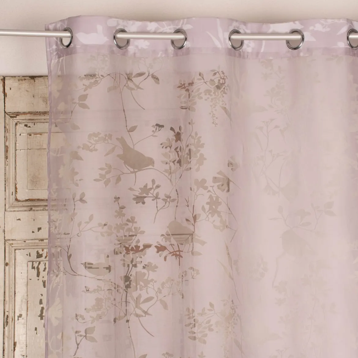 Ösenvorhang mit Allover Ausbrenner Motiv Zweige Vögel mauve 140x245cm