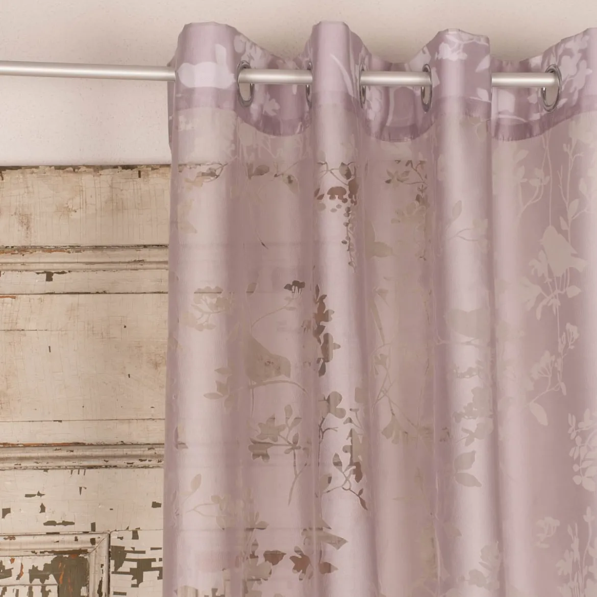 Ösenvorhang mit Allover Ausbrenner Motiv Zweige Vögel mauve 140x245cm