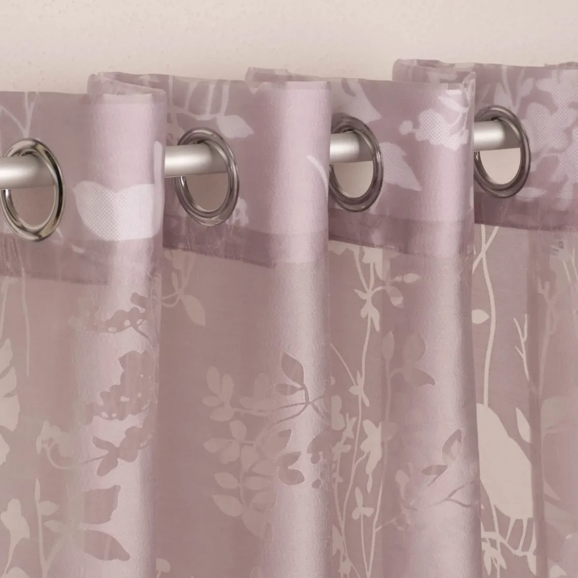 Ösenvorhang mit Allover Ausbrenner Motiv Zweige Vögel mauve 140x245cm