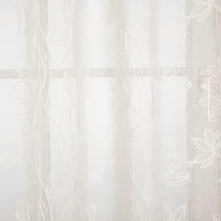 Ösenvorhang mit Blumen-Stickereien Leinenstruktur wollweiß 140x260cm