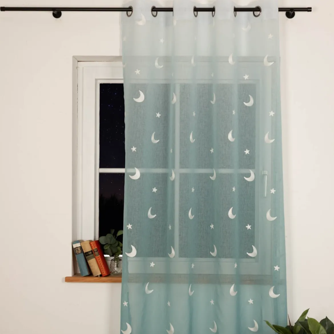Ösenvorhang Voile mit Stickerei Sterne und Monde Farbverlauf blau 140x260 cm