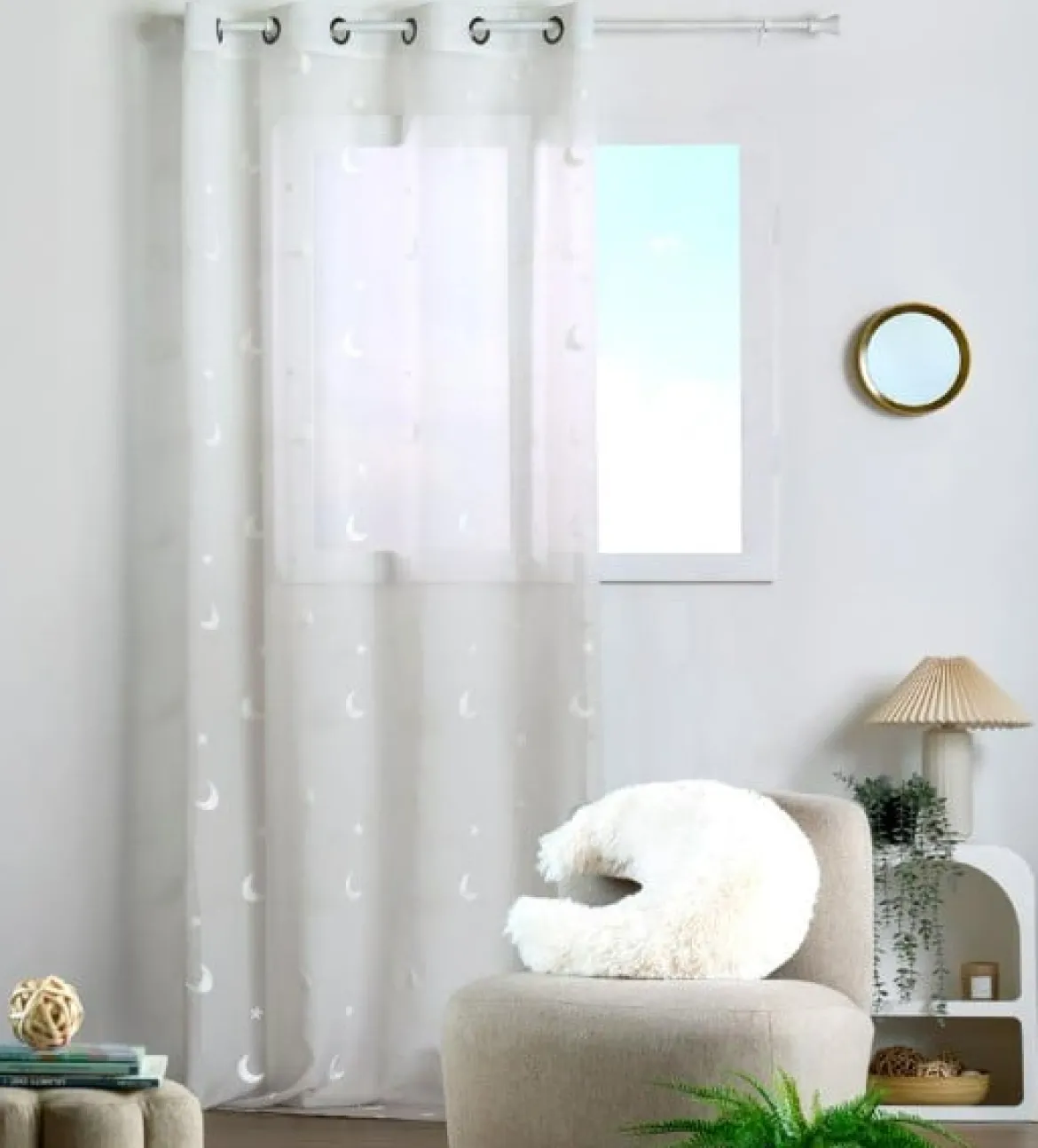 Ösenvorhang Voile mit Stickerei Sterne und Monde Farbverlauf natur 140x260 cm
